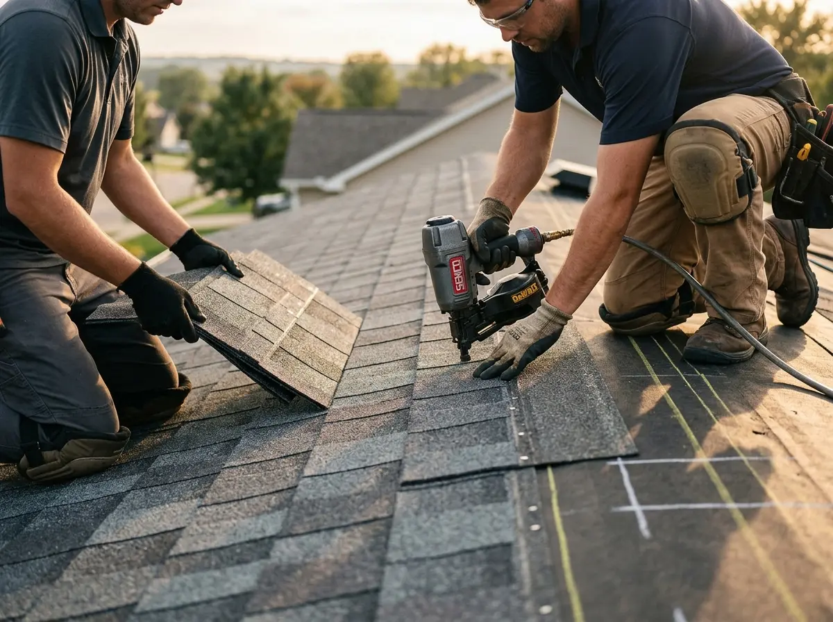 Professional roofer working on a residential roof in Holmdel